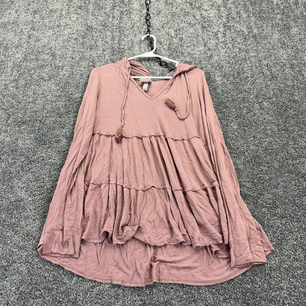 Knox Rose Shirt Womens L Pink Hooded Tiered Ruffle Tunic Boho Knit Casual